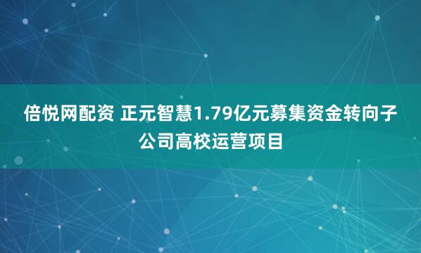 倍悦网配资 正元智慧1.79亿元募集资金转向子公司高校运营项目